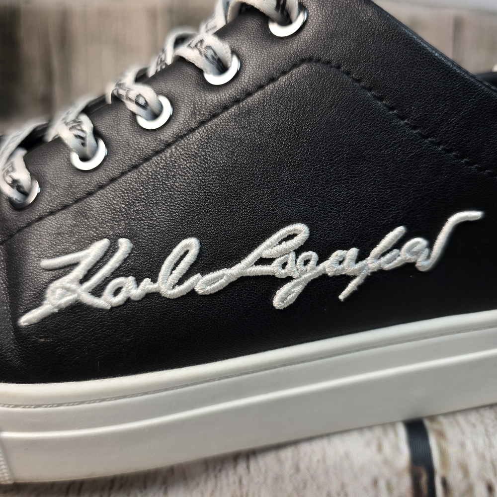 Karl Lagerfeld CYLIE LOW TOP SNEAKER FAUX BLACK LEATHER BOLD LOGO WOMENS 9.5 - Picture 9 of 12
